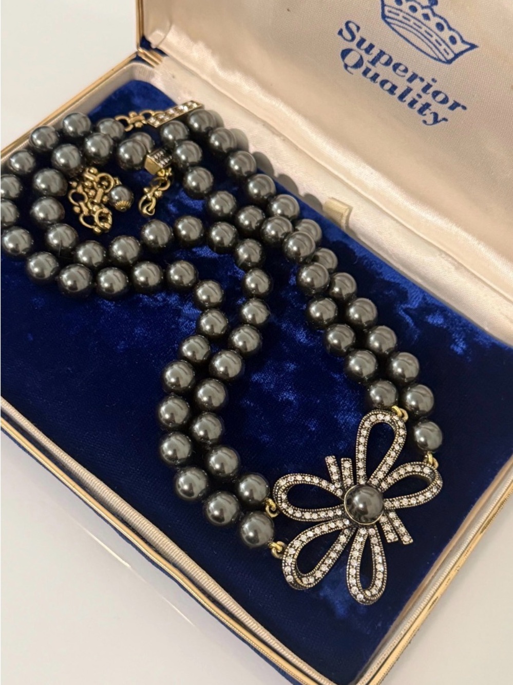 Heidi Daus ‘Bow Advice’ Black Pearl with Rhinestone Bow Necklace